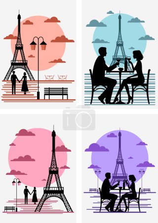 Ilustración de Colección vectorial de ilustraciones de la noche en París con siluetas de personas cerca de la Torre Eiffel - Imagen libre de derechos