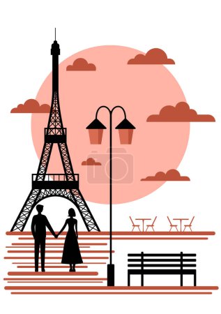 Ilustración de Ilustración vectorial de una pareja caminando por la noche en París cerca de la Torre Eiffel - Imagen libre de derechos