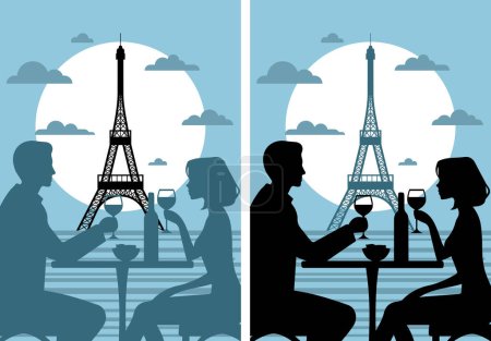 Ilustración de Ilustración vectorial: Cita romántica parisina con una pareja bebiendo vino, Torre Eiffel en el fondo - Imagen libre de derechos