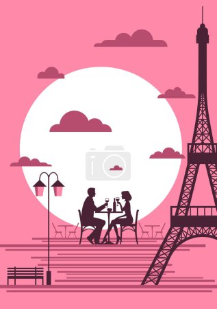 Ilustración de Composición vectorial: Romance parisino - Una noche llena de vino por la Torre Eiffel - Imagen libre de derechos