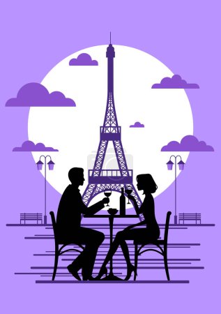 Ilustración de Elegancia Torre Eiffel: Pareja saboreando vino en un bistró parisino - Imagen libre de derechos
