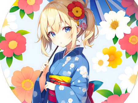Foto de Una chica con un kimono y un vestido tradicional japonés. ilustración vectorial. - Imagen libre de derechos