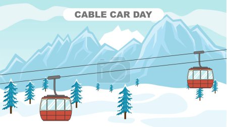 Ilustración de Día del teleférico, ilustración de un teleférico con un fondo de montañas nevadas - Imagen libre de derechos