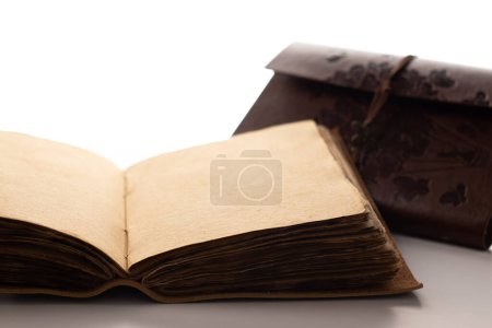 Photo for Antique leather-bound notebook or diary with antique papyrus-type pages with white background and space for text. - Royalty Free Image