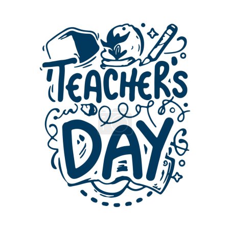 Creative Hand Lettering Text for Happy Teacher's Day Celebration on Decorative Doodle
