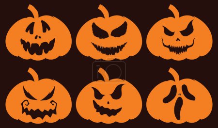 Téléchargez les photos : Illustrations d'Halloween Pumpkin Set. Visages souriants de lanterne de dessin animé. Personnages de vacances d'Halloween en forme de pumkin. Illustrations plates - en image libre de droit
