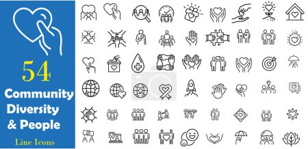 Illustration for A set of 54 line icons depicting diverse people and communities in various situations and contexts. Suitable for web design, social media, and presentations. - Royalty Free Image