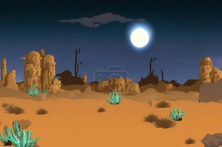 Illustration for The majestic full moon casts a soft glow over the vast desert landscape - Royalty Free Image