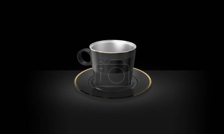Taza de acero negro renderizado sobre fondo nocturno. Taza de té caliente sobre fondo negro. Taza en blanco de color negro Imagen de representación 3D.