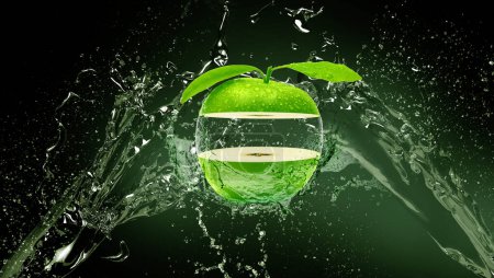 Téléchargez les photos : Pomme verte fraîche avec des gouttes d'eau sur fond blanc. Un soupçon de fraîcheur. Objet isolé. Vecteur. Pommes vertes en éclaboussures d'eau, isolées sur fond noir - en image libre de droit