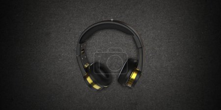 Auriculares creativos. Visualización de auriculares 3D sobre fondo negro. Sistema de sonido creativo sobre fondo negro. 