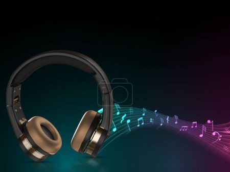 world music day. Music listening on headphone. Headphone 3D rendering creative manipulation. Wave music on black background.