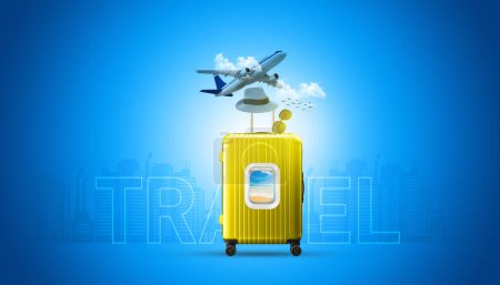 Photo for Backpack with an airplane on a colored background. World tourism day concept. Concept of travel, tourism, vacation, vacation, dream. - Royalty Free Image