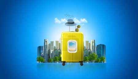 Photo for Backpack with an airplane on a colored background. World tourism day concept. Concept of travel, tourism, vacation, vacation, dream. - Royalty Free Image