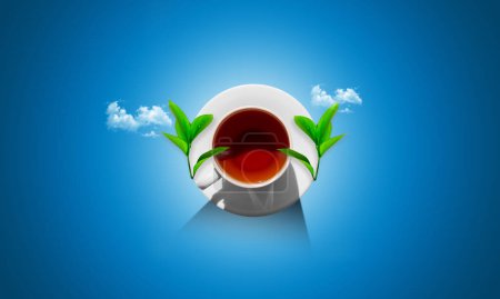 Internationaler Teetag. Grüntee-Tasse mit Blatt vorhanden. Internationale Teetag kreative Vorlage, Banner, Poster, Social-Media-Post, Flyer, Grußkarte, etc. Teetassen-Manipulationskonzept auf blauem Hintergrund