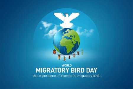 Día Mundial de las Aves Migratorias. Día Mundial de las Aves Migratorias concepto creativo, plantilla, pancarta, póster, post de medios sociales, tarjeta de felicitaciones, festoon, volante, etc. Proteger insectos, proteger aves.