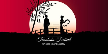 Diseño del festival Tanabata. para pancartas y carteles. el Festival de las Estrellas. Festival de Matsuri. Fondo del festival Tanabata o Star con vaquera y tejedora sosteniendo ramas de bambú con deseos colgantes.