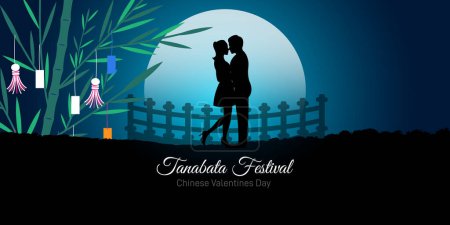 Design du festival Tanabata. pour bannières et affiches. le festival des étoiles. festival matsuri. Tanabata ou Star festival fond avec vacher et tisserand fille tenant des branches de bambou avec des souhaits suspendus.