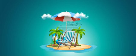 summer sale template. Composition of blue glass board with cute beach. Concept of island vacation. Summer holiday beach vacation concept banner, poster, festoon. Chairs on the sandy beach near the sea