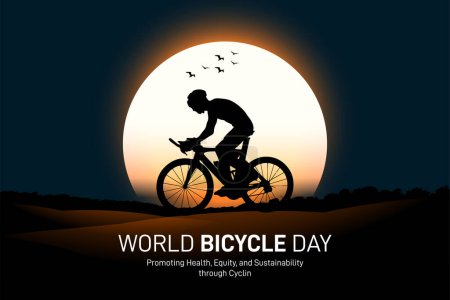 Téléchargez les photos : Journée mondiale du vélo. Journée mondiale du vélo fond créatif, modèle, bannière, affiche, message de médias sociaux, carte de vœux, t-shirts, etc. Promouvoir la santé, l'équité et la durabilité par le cyclisme. - en image libre de droit