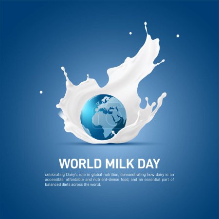 World Milk Day. globe milk splashed with a glass of milk, as world milk day creative banner, poster, social media post, festoon, billboard, backdrop, greetings card etc..
