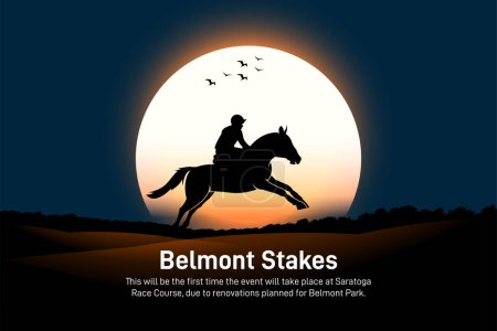 Belmont Stakes, Pferderennen. Belmont Stakes kreatives Konzept Banner, Plakat, Social Media Post, Vorlage, Girlie, Hintergrund usw. Hintergrund Sonnenaufgang.
