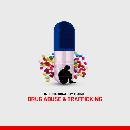 Día internacional contra el abuso de drogas y el tráfico de drogas banner concepto creativo, cartel, tarjeta postal, post medios sociales, antecedentes, etc. Medicina vector ilustración. 