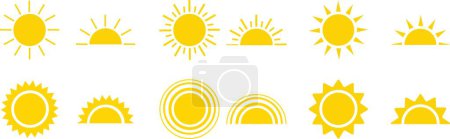 Téléchargez les photos : Coucher de soleil jaune icônes, soleil et lueur solaire, lever ou coucher de soleil. Cercle décoratif plein et demi soleil et lumière du soleil. Énergie solaire chaude pour bronzer. icône soleil sur fond blanc. - en image libre de droit
