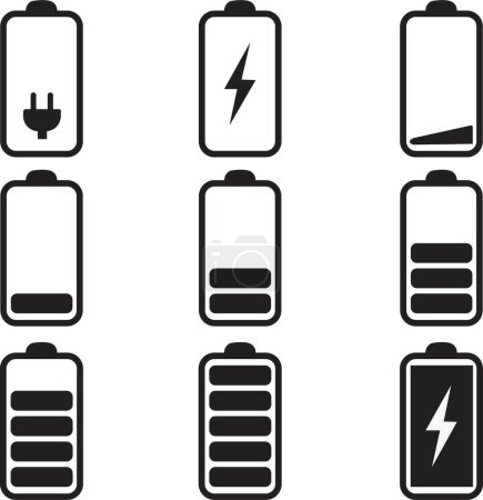 Téléchargez les illustrations : Ensemble d'indicateur vertical de niveau de batterie plat en pourcentage. Symboles indicateurs de batterie. noir Niveau de batterie de 0 à 100 % isolé sur fond transparent. - en licence libre de droit