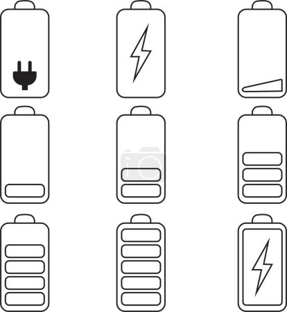 Téléchargez les illustrations : Ensemble d'indicateur vertical de niveau de batterie en pourcentage. Symboles indicateurs de batterie. noir Niveau de batterie de 0 à 100 % isolé sur fond transparent. - en licence libre de droit