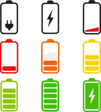 Téléchargez les illustrations : Ensemble d'indicateur vertical de niveau de batterie plat en pourcentage. Symboles indicateurs de batterie. niveau de batterie coloré de 0 à 100 % isolé sur fond transparent. - en licence libre de droit