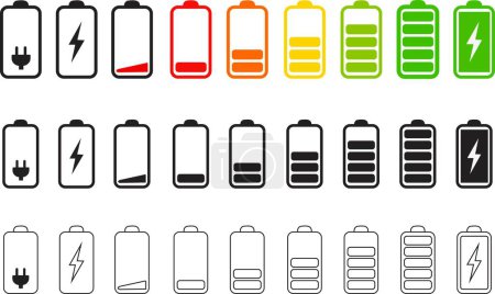 Téléchargez les illustrations : Ensemble d'indicateur vertical de niveau de batterie plat en pourcentage. symboles linéaires indicateur de batterie. niveau de batterie coloré de 0 à 100 % isolé sur fond transparent. - en licence libre de droit
