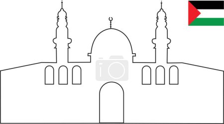 Ilustración de Mezquita Palestina al Aqsa con el icono de la línea de bandera de Palestina, compuesto en la ciudad de "Jerusalén" o "al Quds" en el diseño lineal de la silueta símbolo árabe. Masjid Al-Aqsa para el logotipo, icono de contorno negro. - Imagen libre de derechos