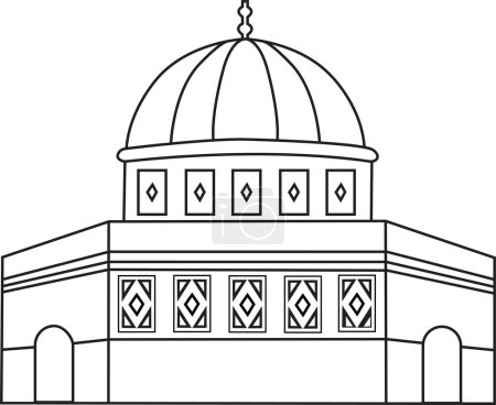Ilustración de Palestina al Aqsa icono de la línea de mezquita, compuesto en la ciudad de "Jerusalén" o "al Quds" en el símbolo árabe silueta diseño lineal. Masjid Al-Aqsa para el logotipo, icono de contorno negro, tarjeta de felicitación banner vector. - Imagen libre de derechos