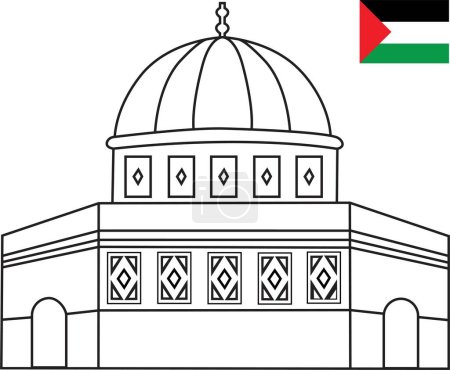 Ilustración de Mezquita Palestina al Aqsa con el icono de la línea de bandera de Palestina, compuesto en la ciudad de "Jerusalén" o "al Quds" en el símbolo árabe silueta de stock editable diseño lineal. Al-Aqsa para el logotipo, icono de contorno negro. - Imagen libre de derechos