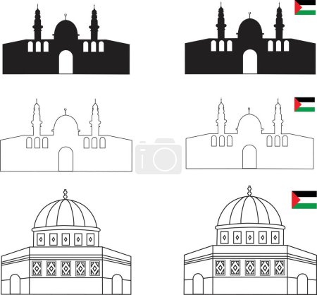 Ilustración de Conjunto de mezquita Palestina al Aqsa con iconos planos de bandera palestina, compuesto en la ciudad de "Jerusalén" o "al Quds" en el símbolo árabe diseño de silueta de stock editable. Iconos para logo, icono de contorno negro. - Imagen libre de derechos