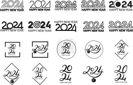 Téléchargez les photos : 2024 Happy New Year logo text design Set. Illustration vectorielle avec logo étiquettes noires pour carnets, cahiers, calendriers. Modèle de conception de numéro 2024. Bonne année symboles sur fond transparent. - en image libre de droit