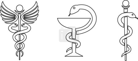 Illustration for Caduceus snake icons Set in line Style. Medical center, pharmacy, hospital with popular symbols of medicine. Medical health care logos editable stock on transparent background. Rod of Asclepius signs. - Royalty Free Image
