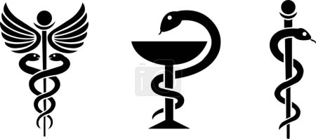 Illustration for Set of Caduceus snake icons in Fill Styles. Medical center, pharmacy, hospital with popular symbols of medicines. Medical health care logos isolated on transparent background. Rod of Asclepius signs. - Royalty Free Image