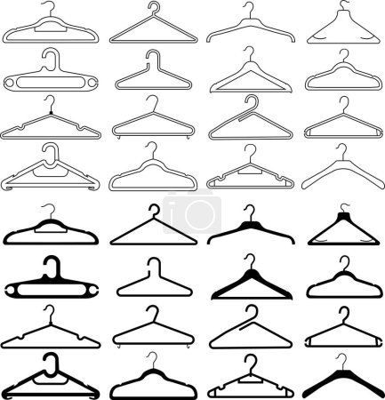 Illustration for Black Flat Clothes Hanger Icons Set. High quality vectors fashion Laundry, Wardrobe. Fitting Room Symbols for Info Graphics, Designs Elements, Presentation and Application on transparent background. - Royalty Free Image