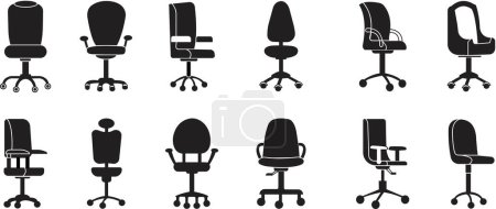 Conjunto de sillas de oficina o logotipos en estilos de relleno modernos. Pictograma lleno de negro de alta calidad para diseños de sitios web y aplicaciones móviles. Muebles para oficina Vectores interiores aislados sobre fondo transparente.