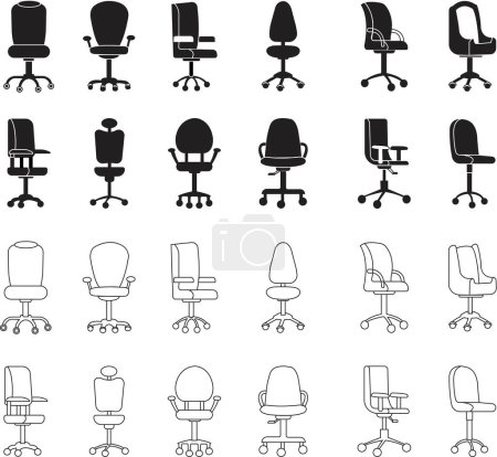 Set of Office chair in modern Flat styles with editable stock. High quality black flat pictogram for web site designs and mobile app. Furniture for office Interior vectors on transparent background.