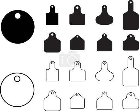 Set of Cow Tags icons. Ear tag signs beefs symbols. Ear tags for cattle. Black flat identification editable stock for farm animals on transparent background. Earmark mockup for livestock Vectors.