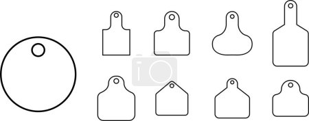 Set of Cow Tags icons. Ear tag signs beefs symbols. Ear tags for cattle. Black linear identification editable stock for farm animals on transparent background. Earmark mockup for livestock Vectors.