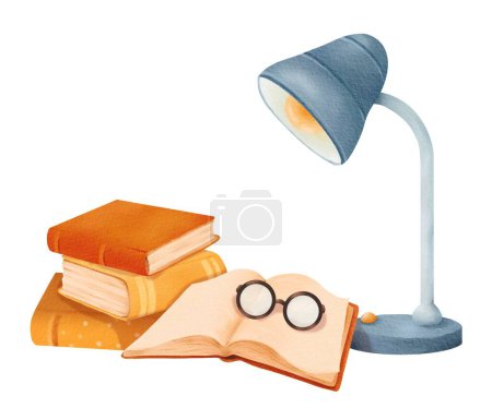 Photo for Watercolor composition of pile of different books, blue desktop lamp, open retro book and round glasses. Back to school illustration. Bright illustration for design of bookshop, library, cover, card. - Royalty Free Image