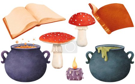 Photo for Halloween set of books with spell, enchantment, fly agaric, mushroom, cauldron with potions and funny bubbles and spider, candle. Watercolor isolated illustration. spirit, pagan witchcraft print. - Royalty Free Image