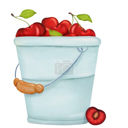 Photo for Enchanting garden scene: Ripe cherries in a rustic tin bucket. Perfect for illustrating pies, baking, jams, gardens, and juice. Hand drawn sketch. Bright watercolor illustration. - Royalty Free Image