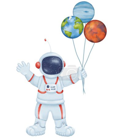 Téléchargez les photos : L'astronaute se tient aux côtés des ballons planétaires. Terre, Neptune, Mars. Carte d'anniversaire, invitation, vœux de la journée Cosmonautique. Cadeau pour fils, fille, petits-enfants. Aquarelle enfants illustration isolée. - en image libre de droit