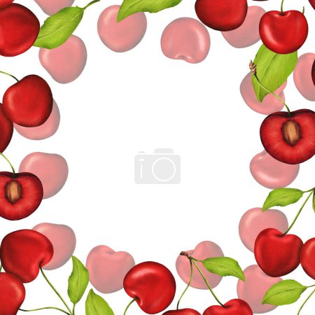 Photo for Square frame adorned with the natural beauty of ripe and succulent cherry berries, creating a visually appealing composition. Watercolor hand drawn illustration. - Royalty Free Image