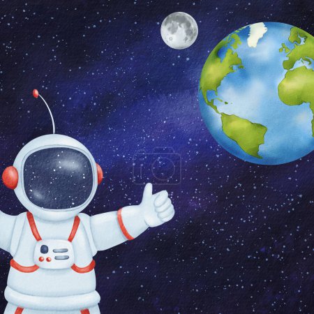 Foto de Postales para el Día de la Cosmonáutica. Un cosmonauta celebra el planeta Tierra. Alrededor del planeta en el cosmos estrellado azul oscuro, el satélite - la Luna - orbita. Niños acuarela ilustración. - Imagen libre de derechos